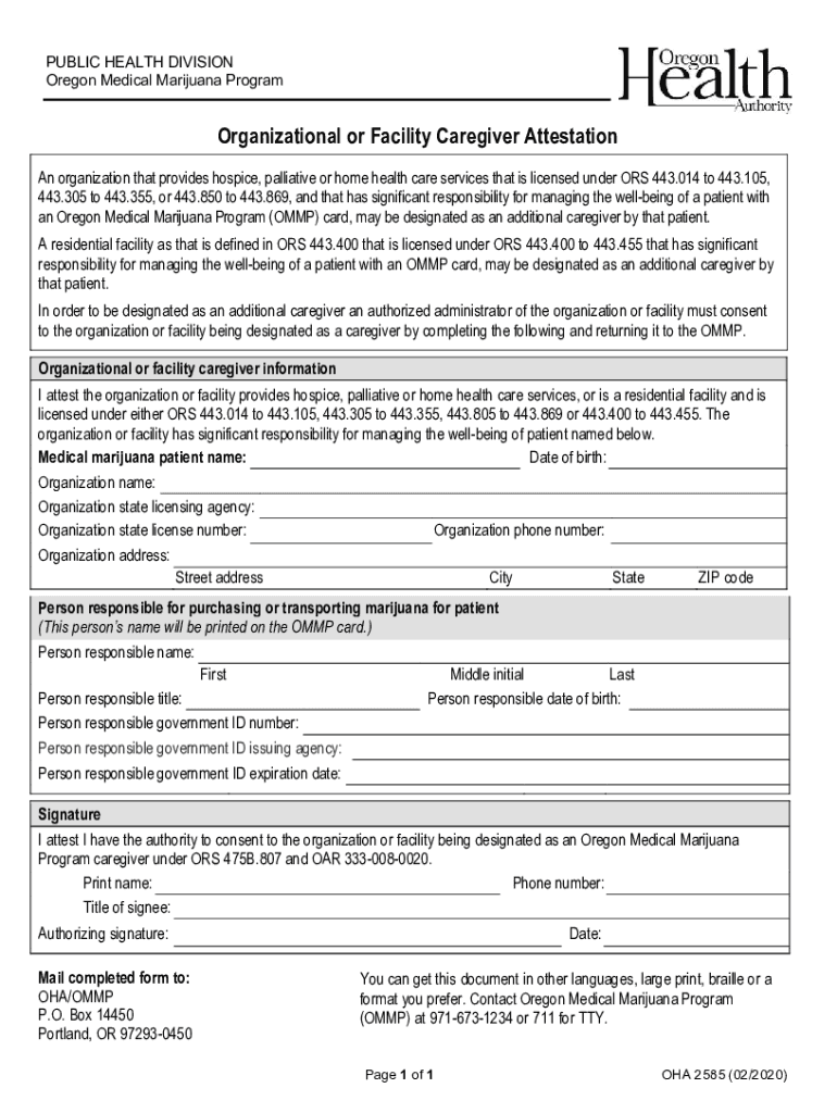 OHA 2585 Organization or Facility Caregiver Consent Form, ENGLISH OHA 9240 Medical Marijuana Program Application