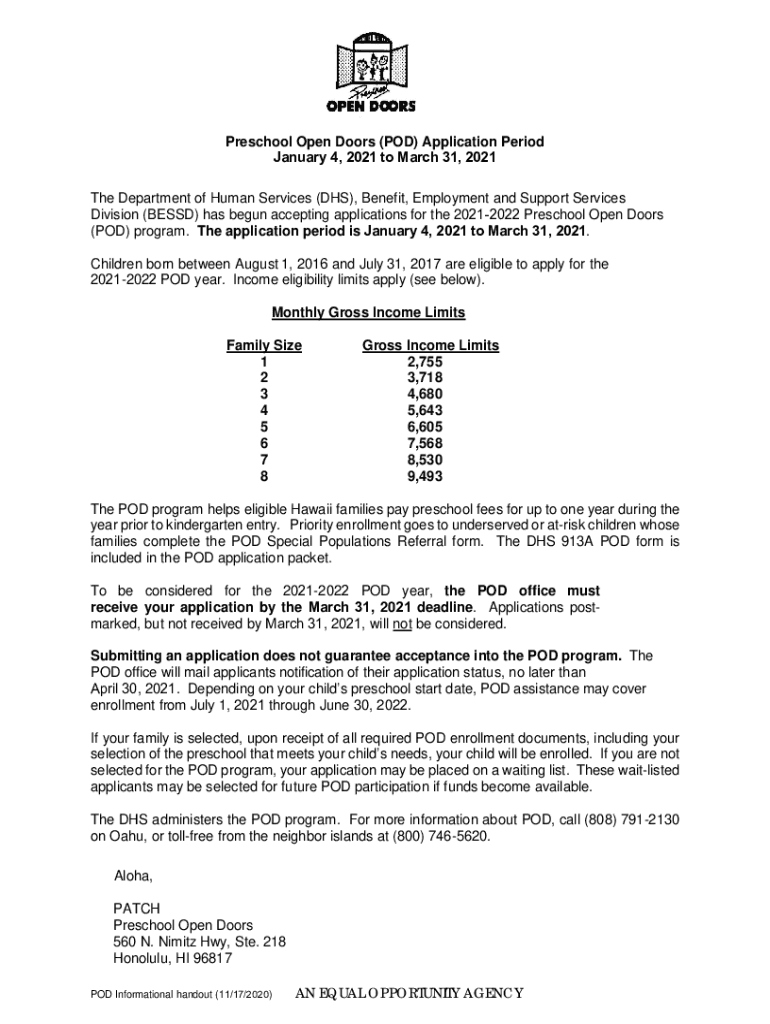 Preschool Open Doors POD Application Period Monthly Gross  Form