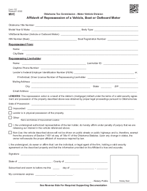 Form 737 Affidavit of Repossession of a Vehicle, Boat or Outboard Motor  2022-2023