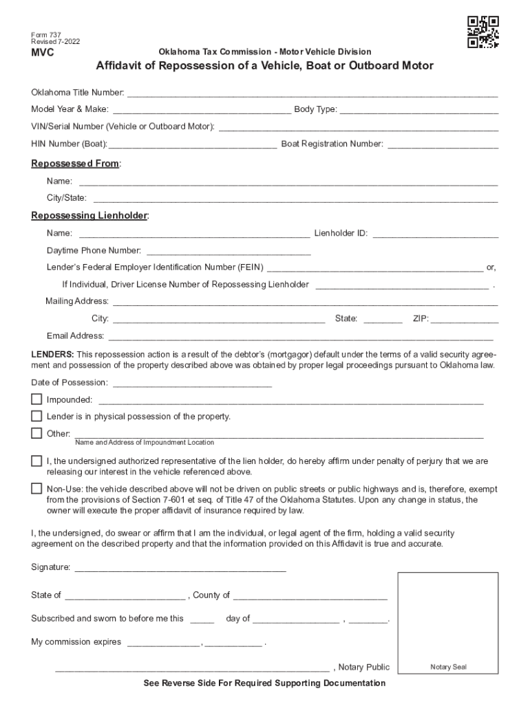  Form 737 Affidavit of Repossession of a Vehicle, Boat or Outboard Motor 2022-2024