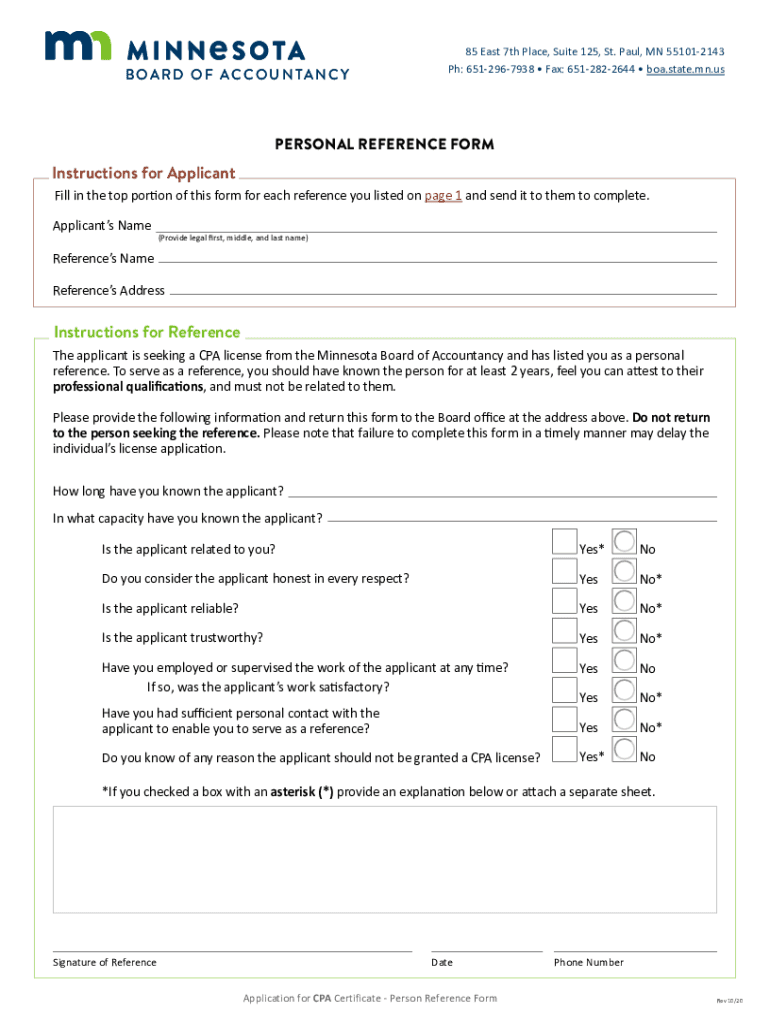 Personal Reference Form Application for MN CPA Certificate by Non MN Exam Candidate