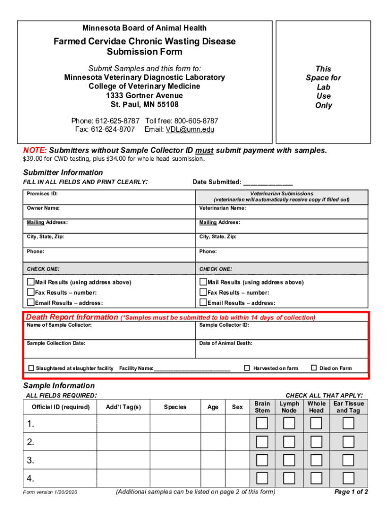 Chronic Wasting Disease Sampling Minnesota Board of Animal  Form