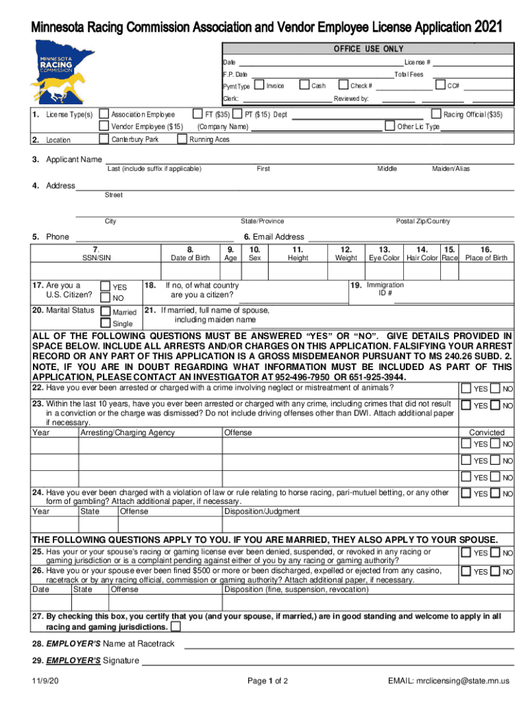 Minnesota Racing Commission Association and Vendor Employee License Application  Form