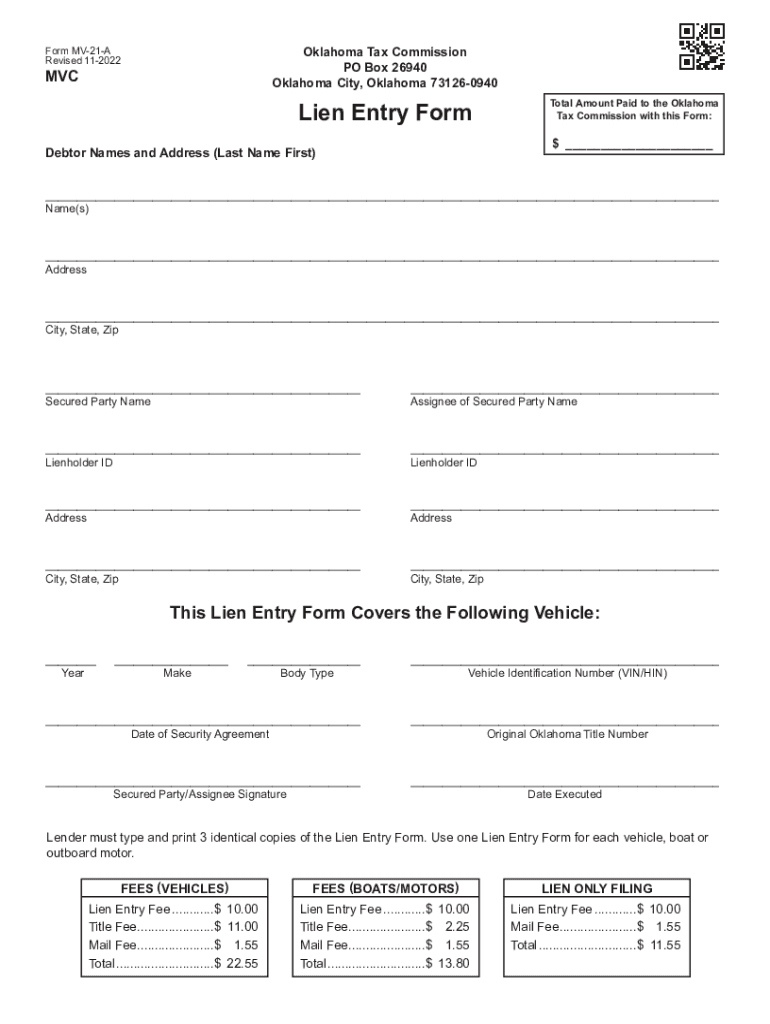  Form MV 21 a Lien Entry Form 2022