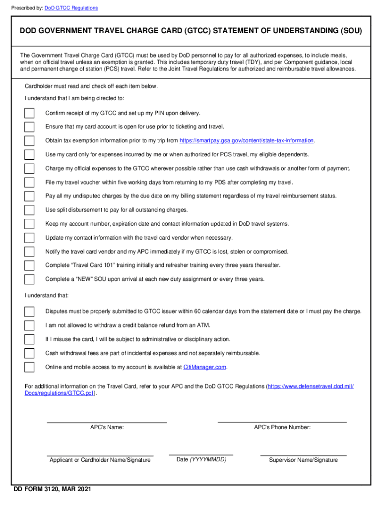  DD Form 3120, &amp;quot;DoD Government Travel Charge Card Statement of Understanding&amp;quot; 2021-2024