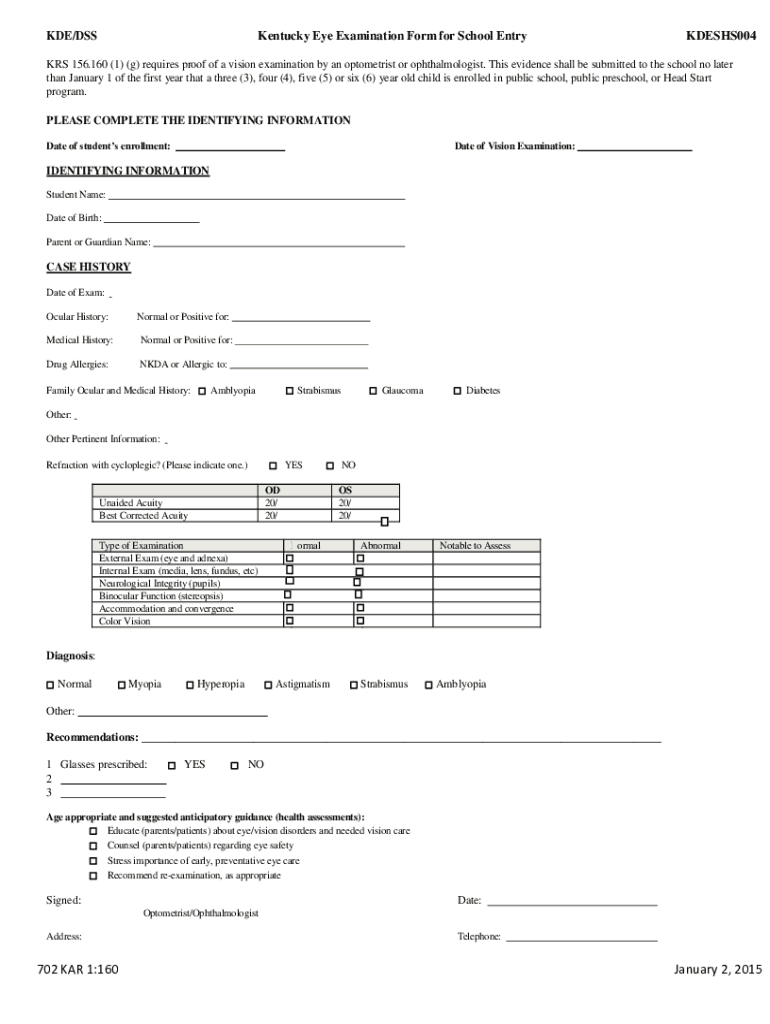  8 Kentucky Eye Examination Form for School En 2015-2024