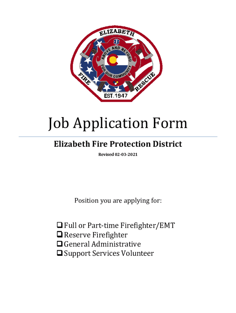 Job Application Form Elizabethfpd Colorado Gov