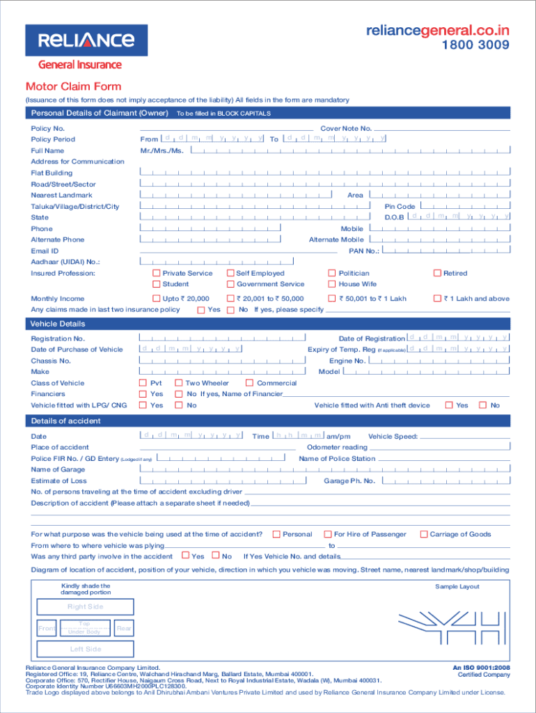 Reliance Insurance Motor Claim Form No No Download Needed Needed