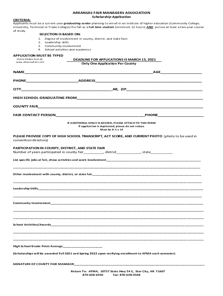  ARKANSAS FAIR MANAGERS ASSOCIATION Scholarship Application 2021-2024