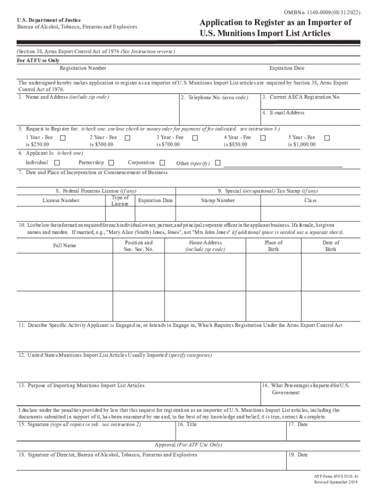 Application to Register as an Importer of U S Munitions Import List Articles  Form