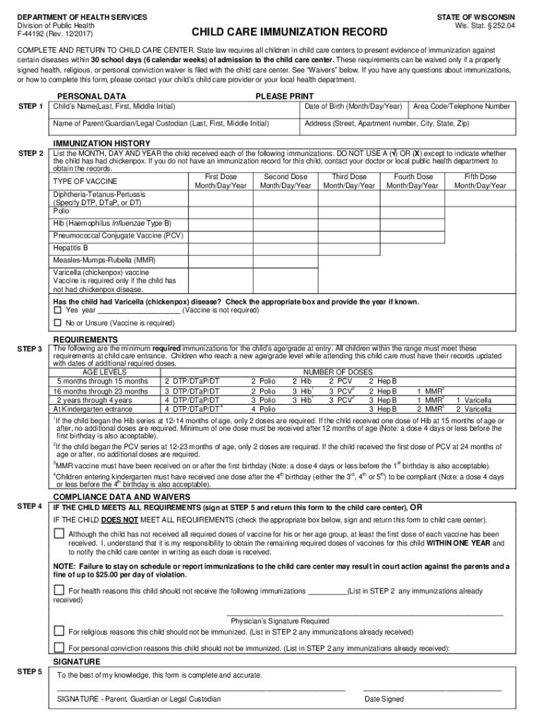  Child Care Immunization Record SSM Health 2017