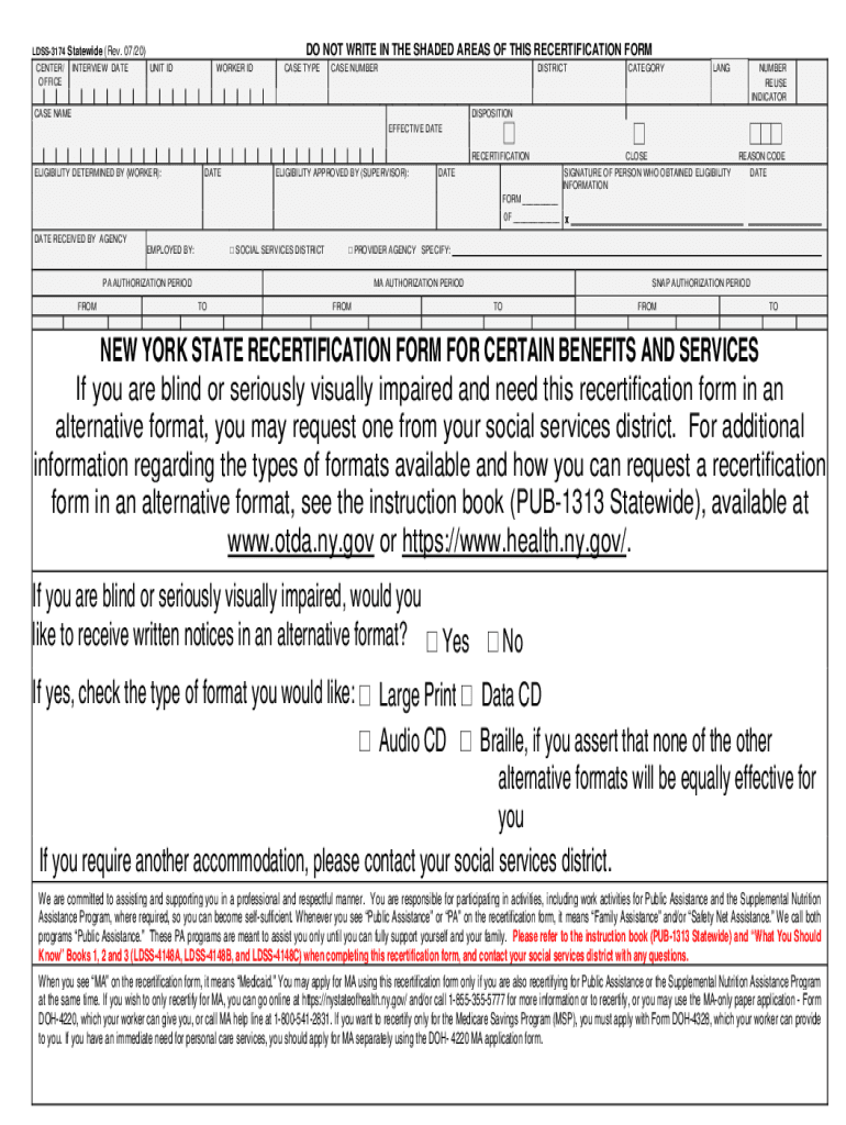 LDSS 3174 New York State Application for Certain Benefits and Services  Form