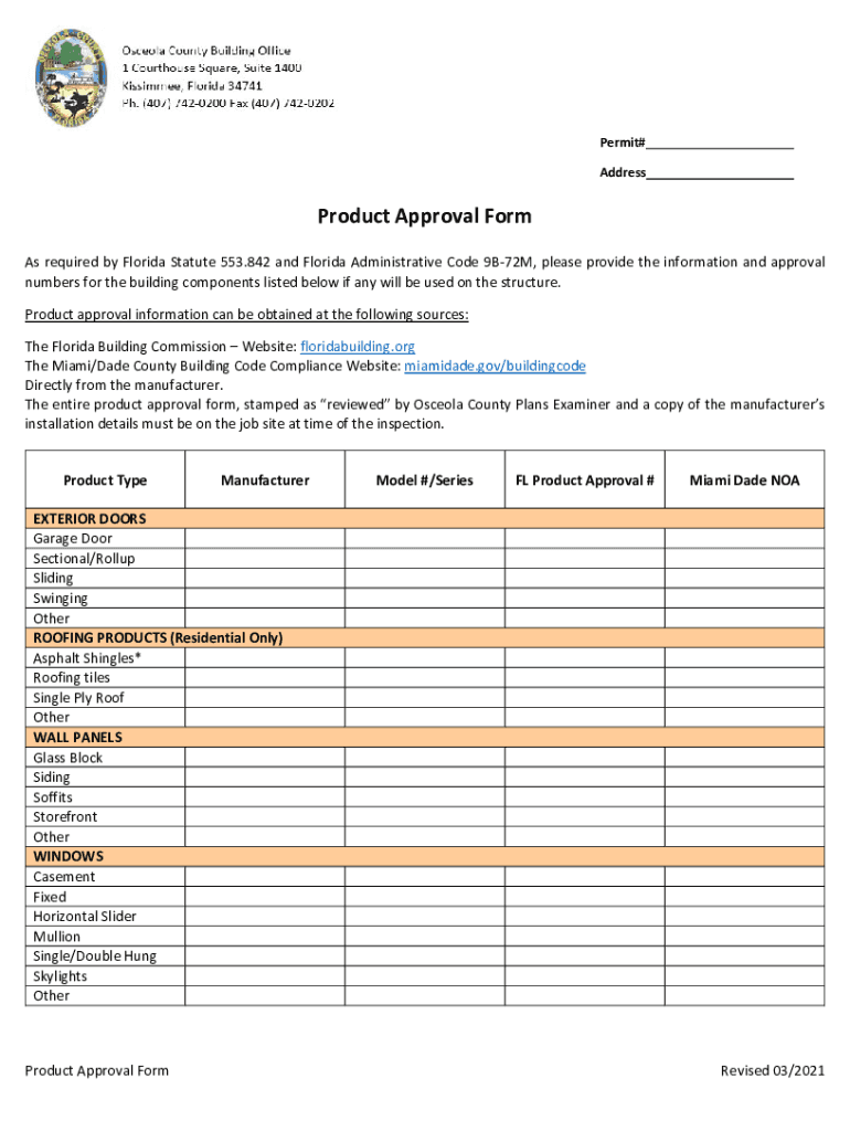  Florida Product Approval Form 2021-2024