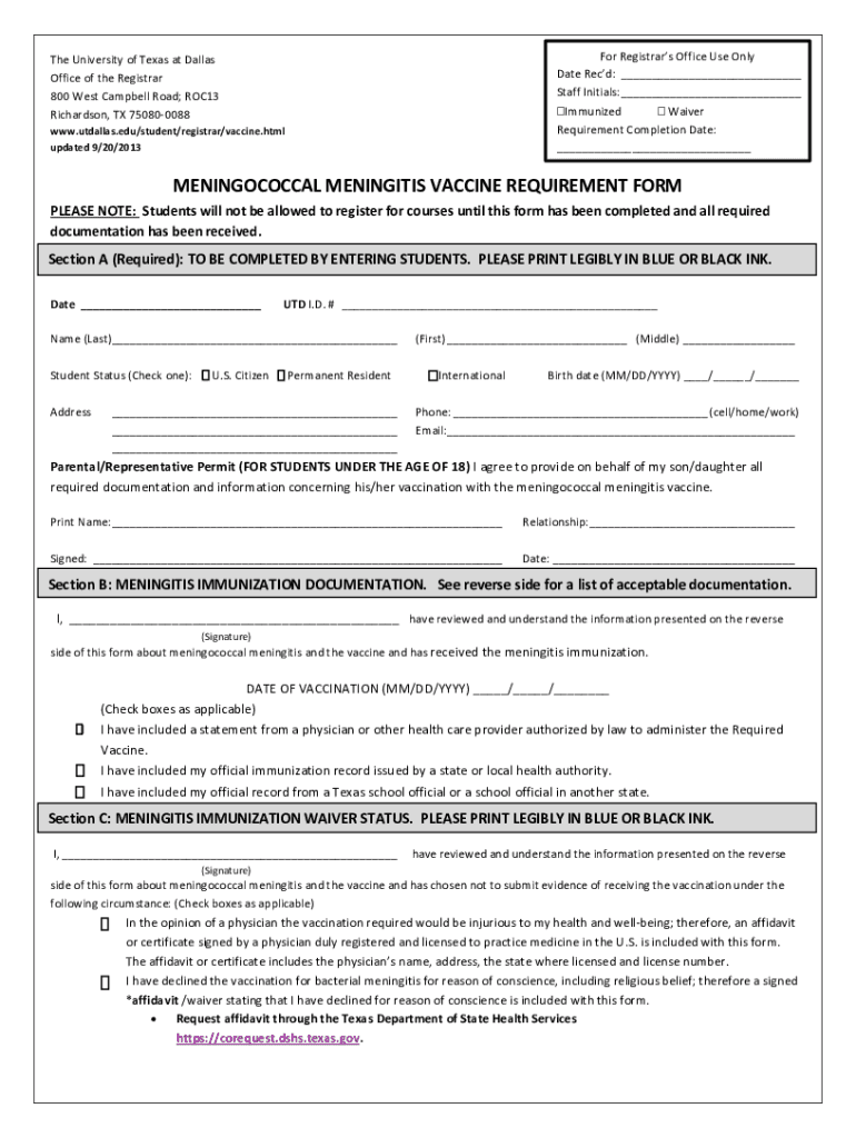  for Office Use Only BACTERIAL MENINGITIS VACCINE FORM Date 2013-2024