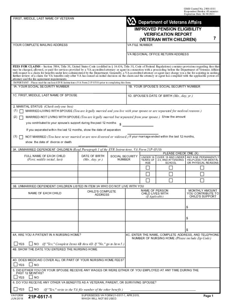  VA Form 21P 0517 1 IMPROVED PENSION ELIGIBILITY VERIFICATION REPORT VETERAN with CHILDREN 2018-2024