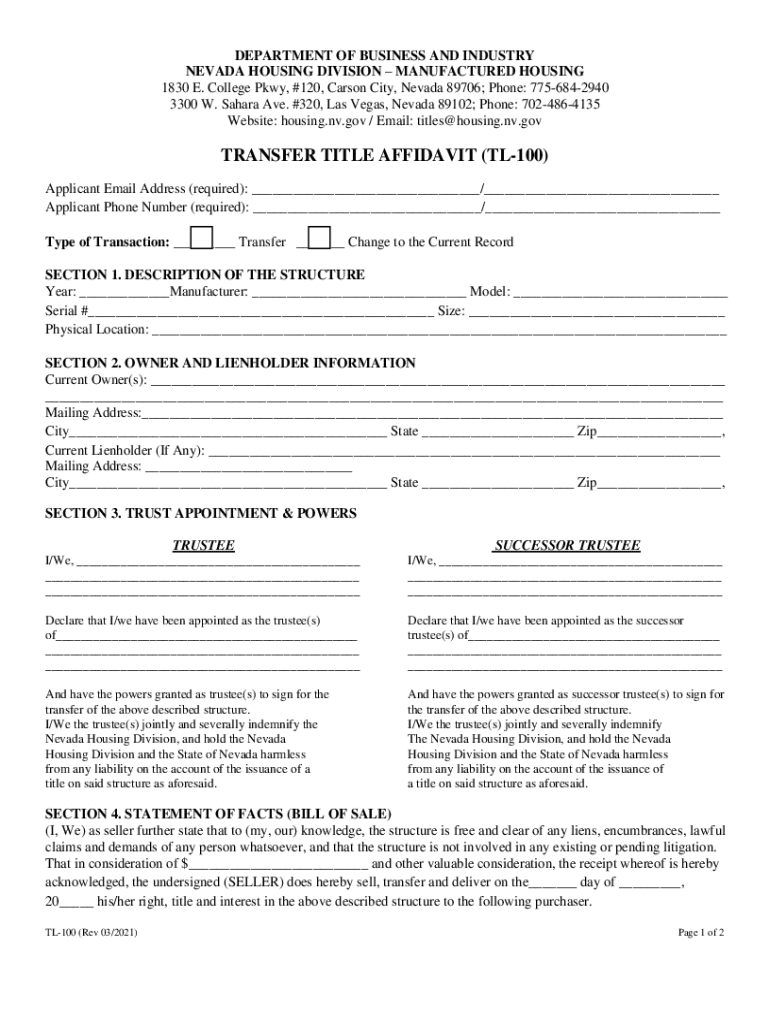 TRANSFER TITLE AFFIDAVIT INSTRUCTIONS TL 100  Form