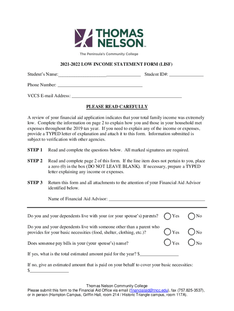 LOW INCOME STATEMENT FORM LISF PLEASE READ