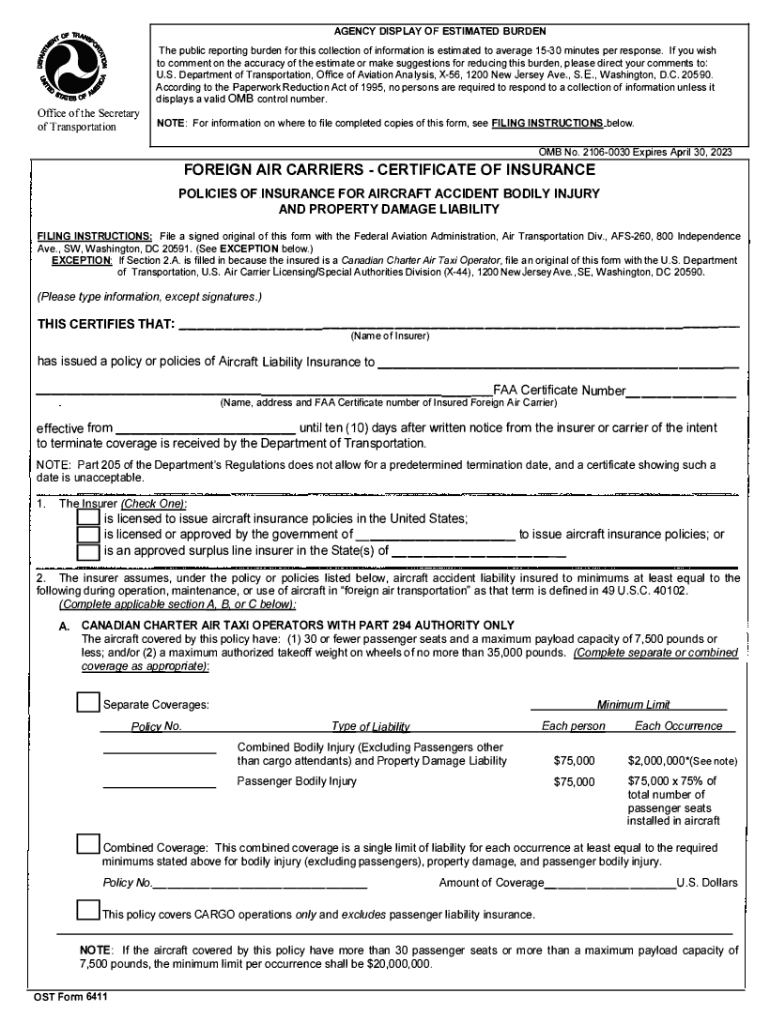  OST Form 6411 Foreign Air Carriers Certificate of Insurance 2020-2024