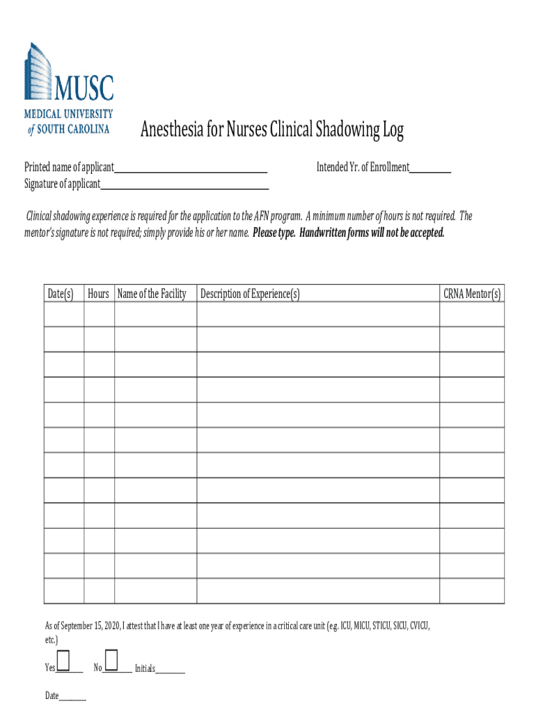 Nurse Anesthesia Shadowing Experience Form Case