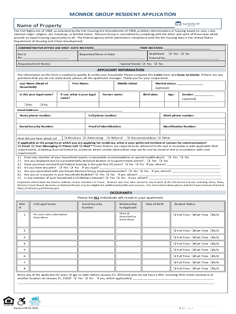 MONROE GROUP RESIDENT APPLICATION Name of Property  Form