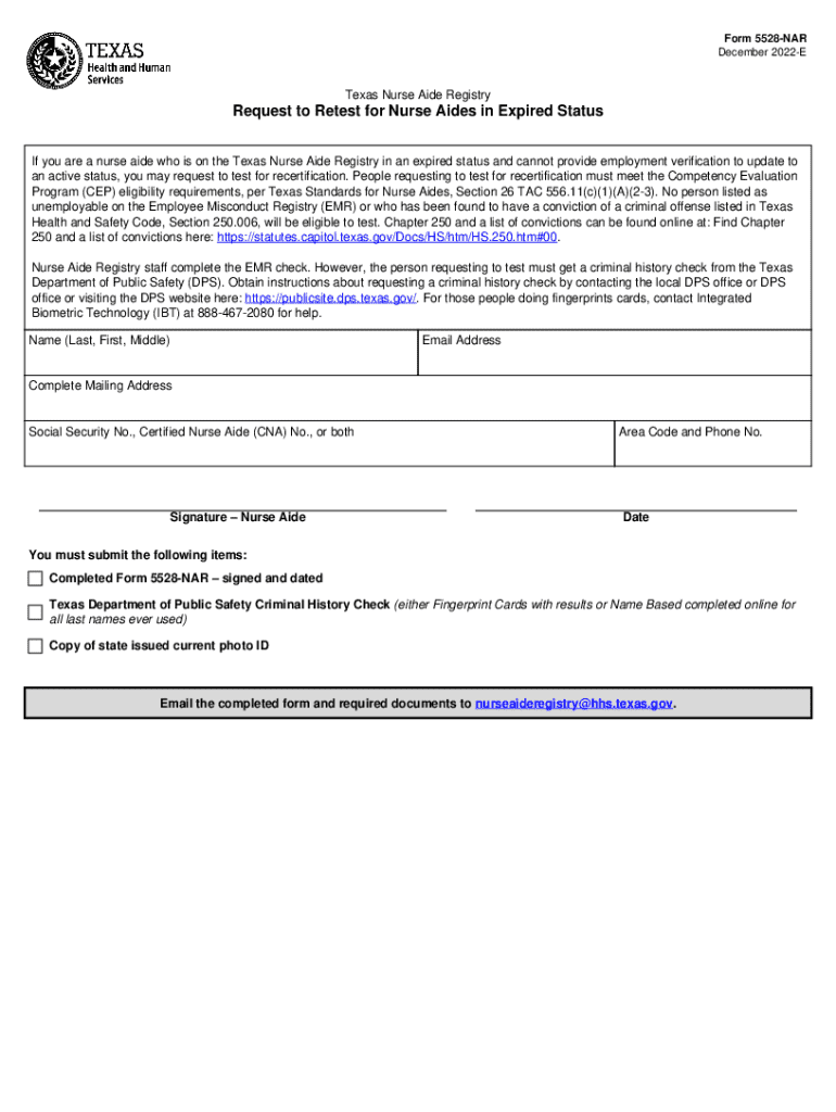  Form 5528NAR October 2018ETexas Nurse Aide Registr 2022-2024