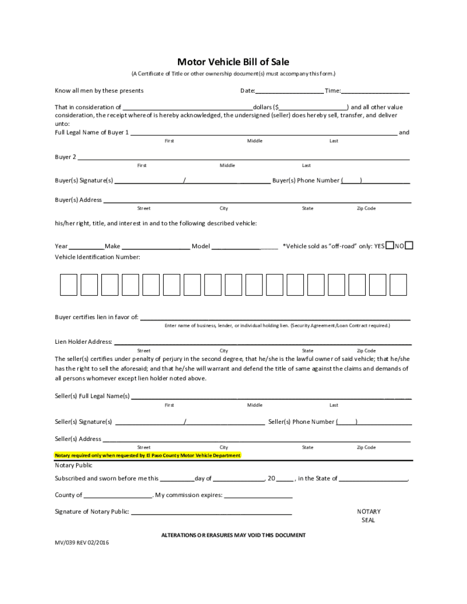 Vehicle Bill Sale Print Fill Online, Printable, Fillable  Form