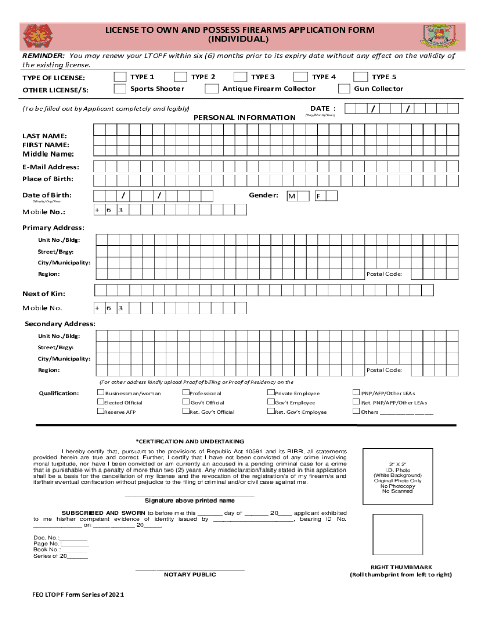  LICENSE to OWN and POSSESS FIREARMS APPLICATION FORM INDIVIDUAL 2021-2024