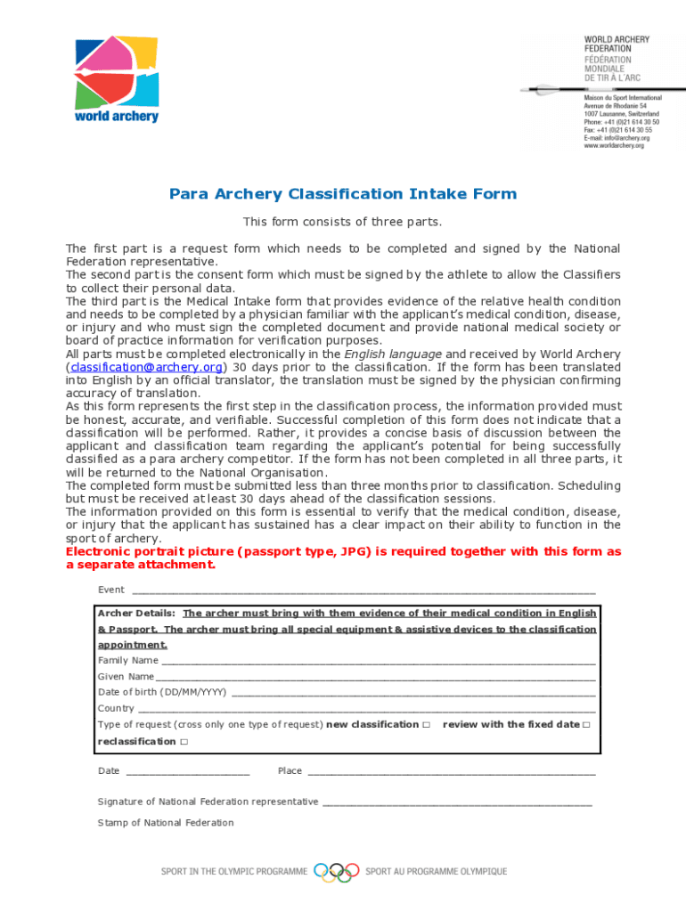  Para Archery Classification Intake Form This Form 2019-2024