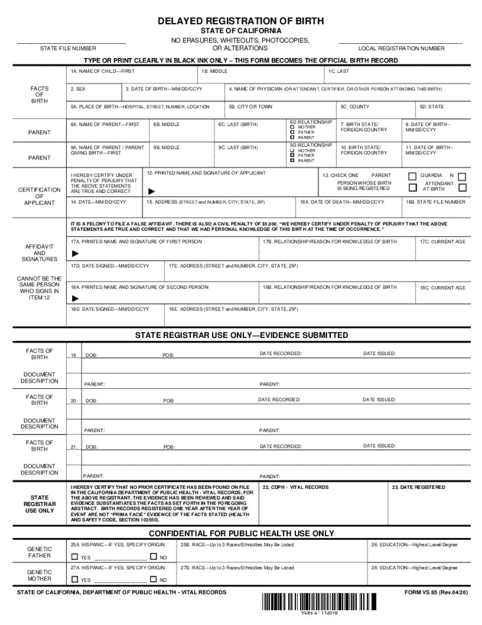  Fillable Online DELAYED REGISTRATION of BIRTH VS 85 Fax 2020-2024