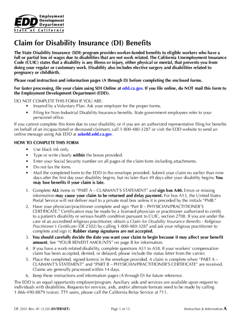 Get and Sign Disability InsuranceFile a DI Claim on SDI Online State Disability Insurance Edd Ca GovDisability Insurance DICalifornia EDDDisa 2020-2022 Form