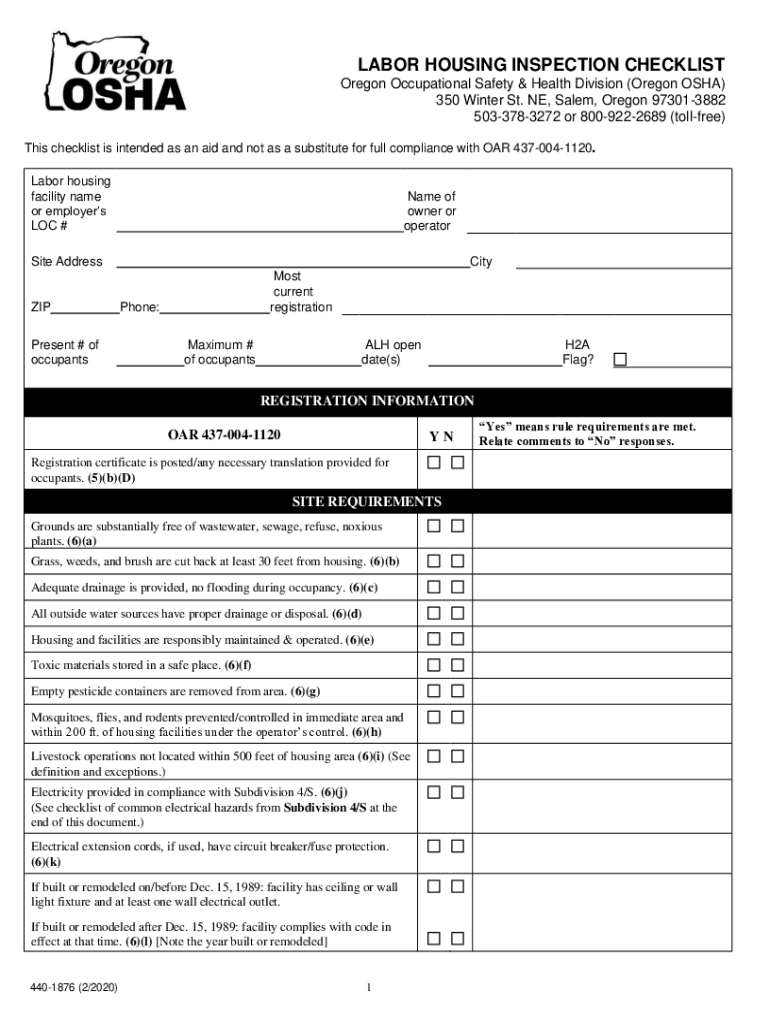 SUPPLEMENTAL LABOR HOUSING INSPECTION CHECKLIST Oregon  Form