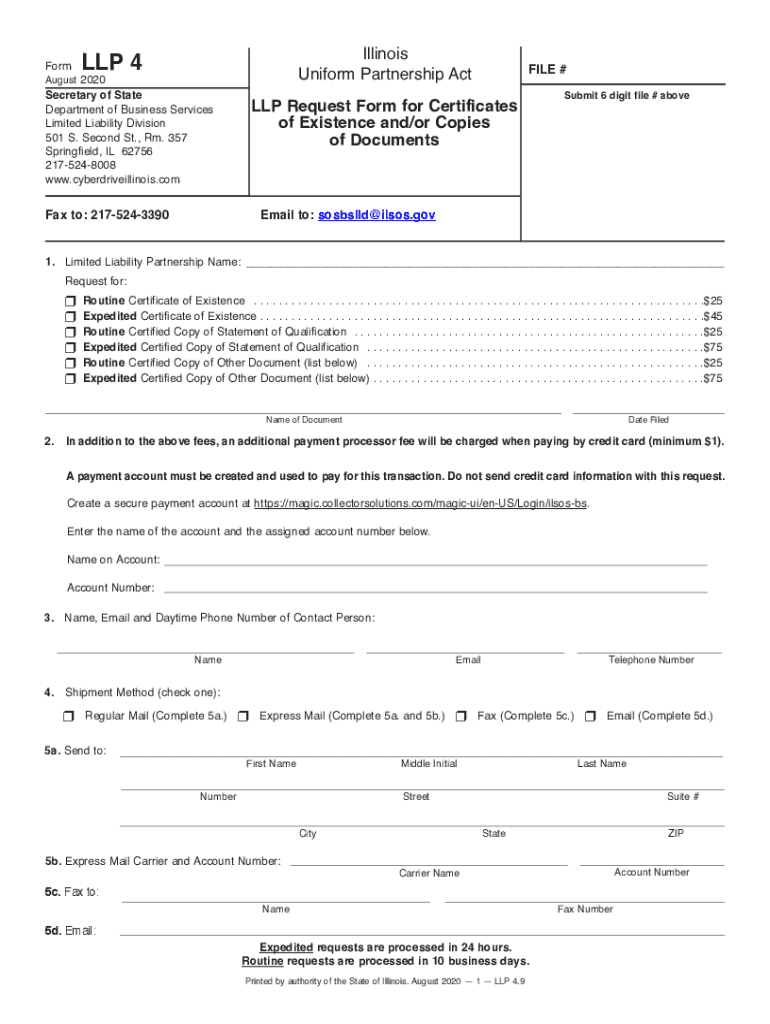  LLP Request Form for Certificates of Existence Andor Copies of Documents 2020-2024