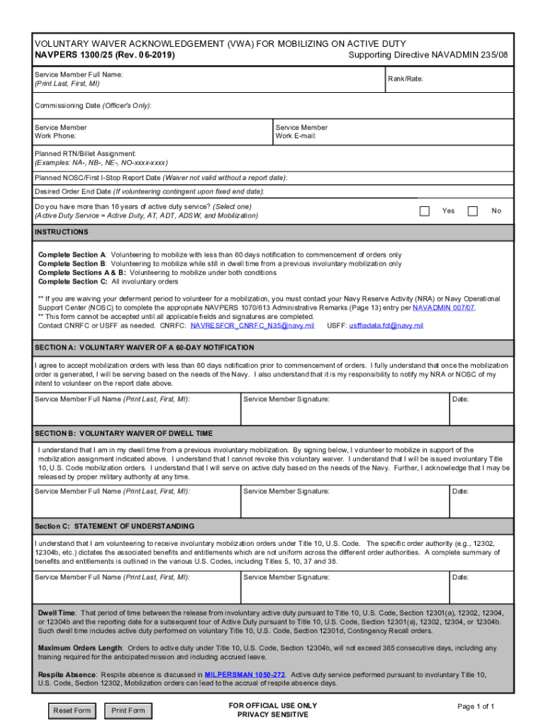 NAVPERS Form 130025 'Voluntary Waiver Acknowledgement