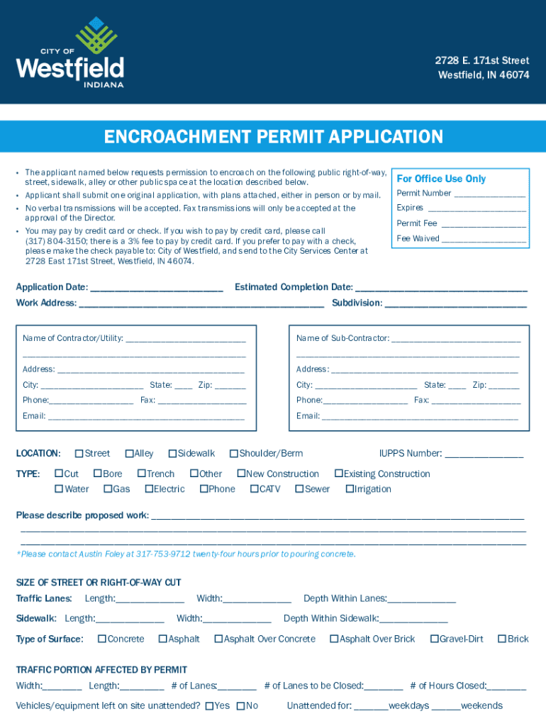  ENCROACHMENT PERMIT APPLICATION Home Westfield, in 2021-2024
