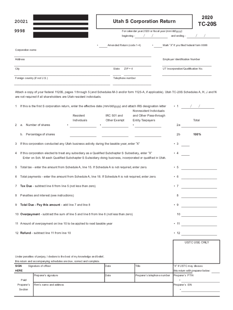Get and Sign TC 20S Forms, Utah S Corporation Tax Forms & Publications 2020