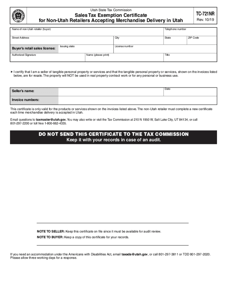  TC 721A, Utah Sales Tax Exemption Affidavit for Exclusive TC 721A, Utah Sales Tax Exemption Affidavit for Exclusive TC 721G, Uta 2019-2024