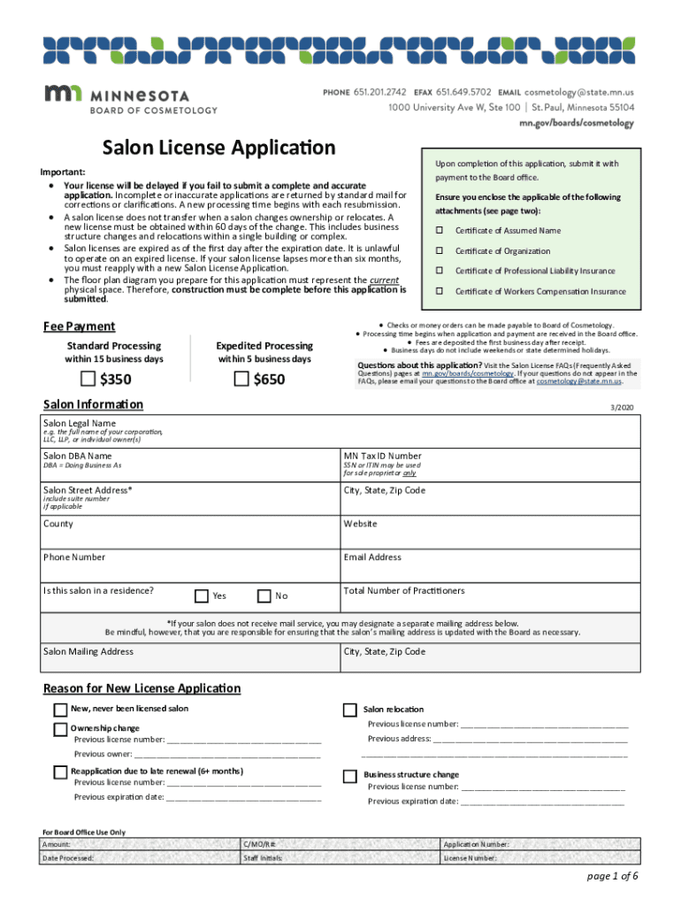  Salon License Application 2020-2024