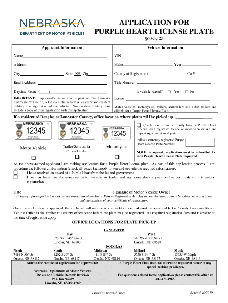  Purple Heart License Plate Application Nebraska DMV 2019-2024