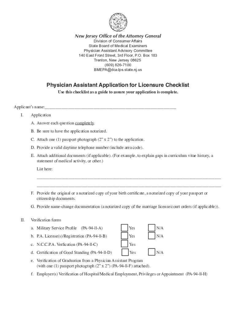 Physician Assistant Application for Licensure Checklist New 2019-2024