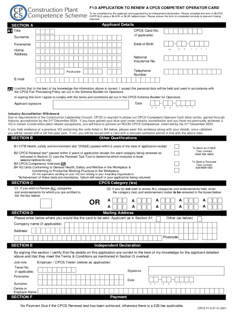  F13 APPLICATION to RENEW a CPCS COMPETENT OPERATOR CARD 2015