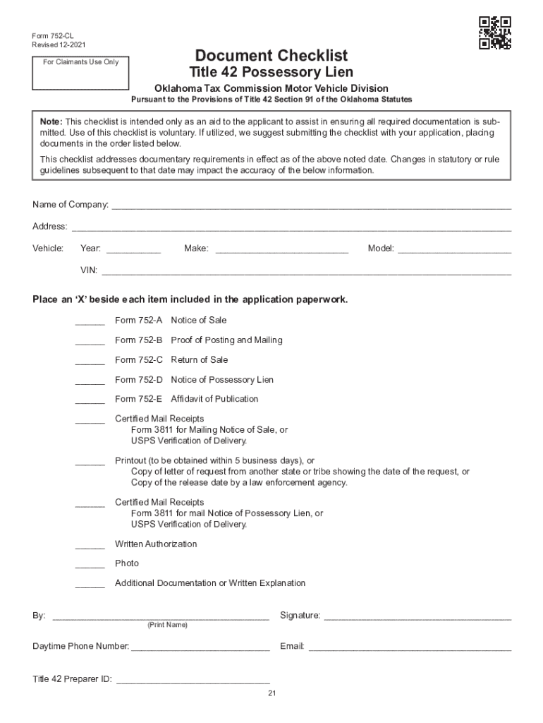  Packet 752 Title 42 Possessory Lien Procedures on Vehicles, Manufactured Homes, Commercial Trailers, Boat and Outboard Motors 2021