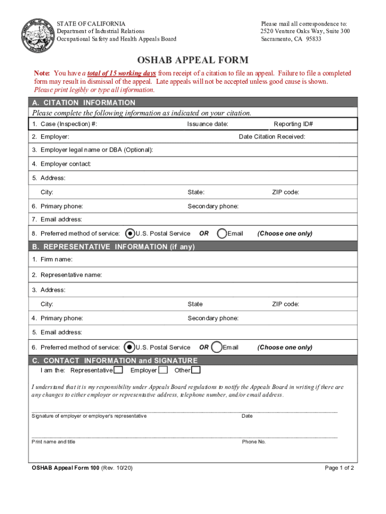  Occupational Safety and Health Appeals Board, Appeal Form 2020