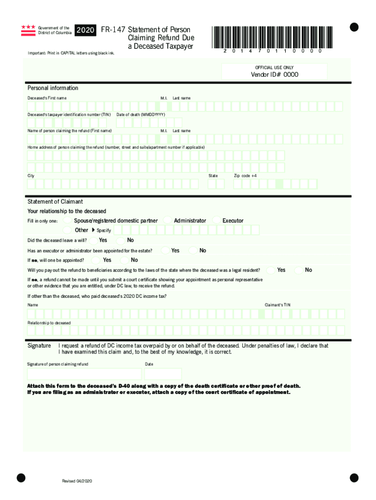 Fillable Online Otr Cfo Dc Download Form FR 147 Office