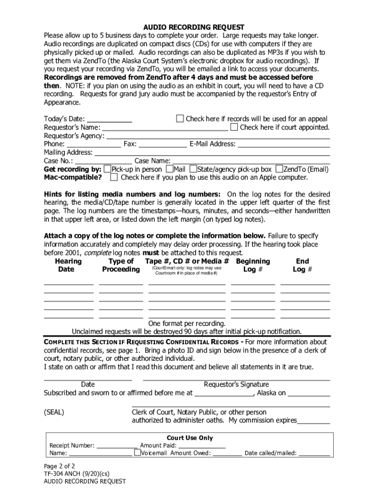  TF 304 ANCH Audio Recording Request Trial Court Forms 2020-2024