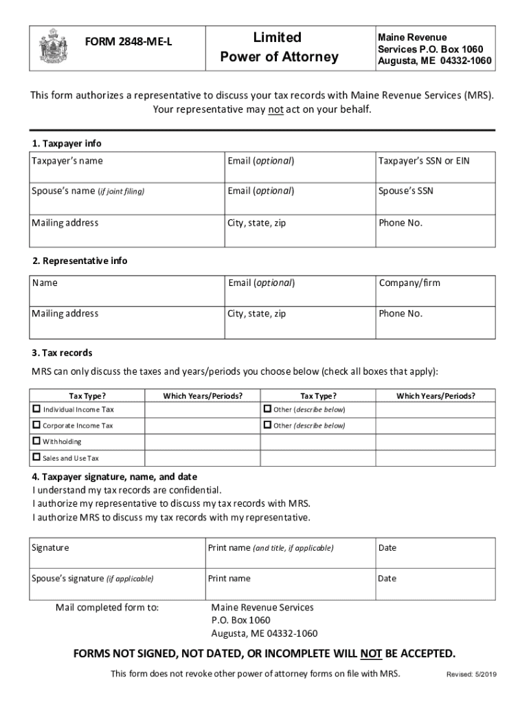  ME Limited Power of Attorney Form 2019-2024