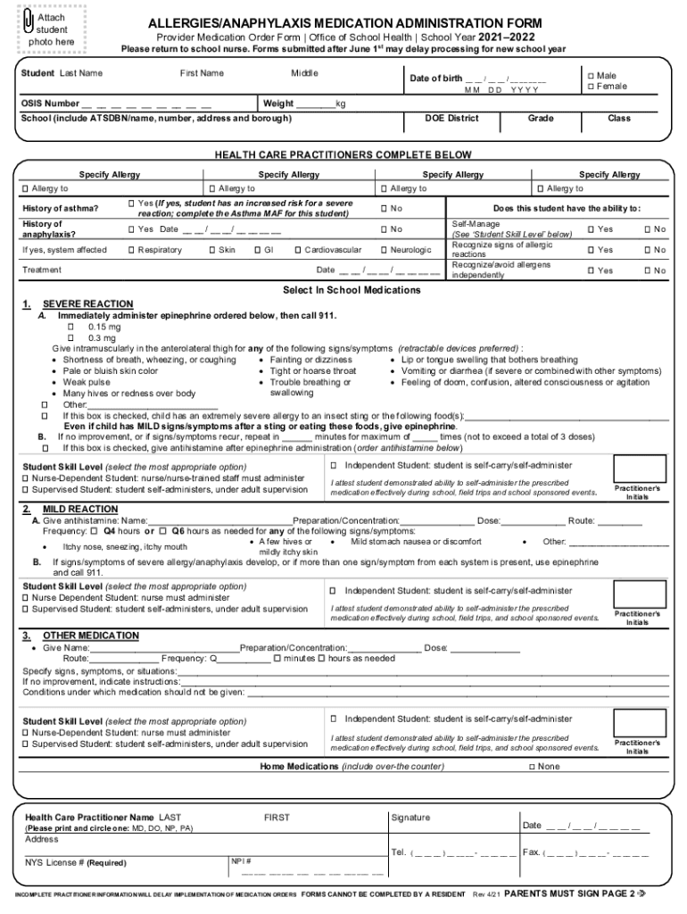 Allergies Anaphylaxis Medication Administration Form