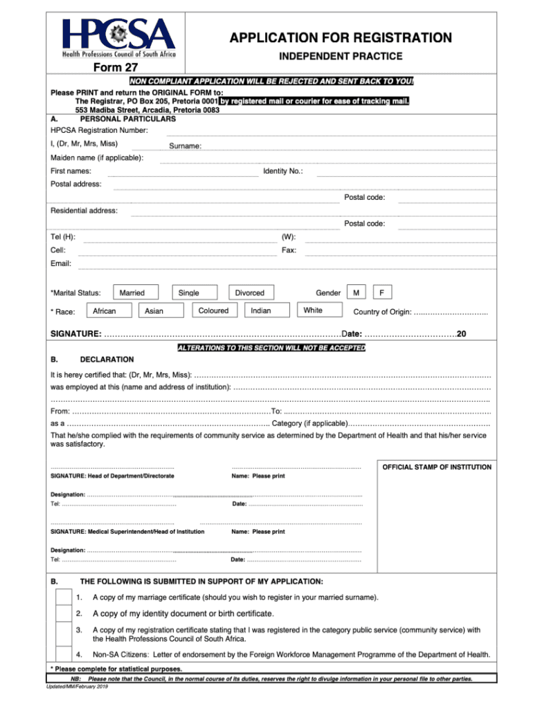 South Africa Health Professions Council  Form