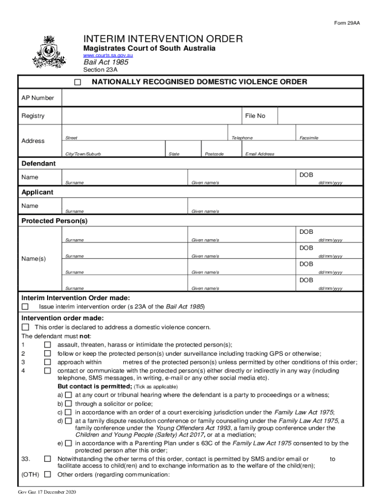 Form 29AA Interim Intervention Order Courts Sa Gov Au