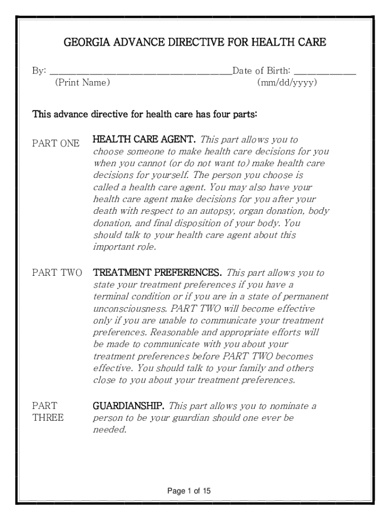 Georgia Advance Health Care Directive Form 1 PDF PDF Format