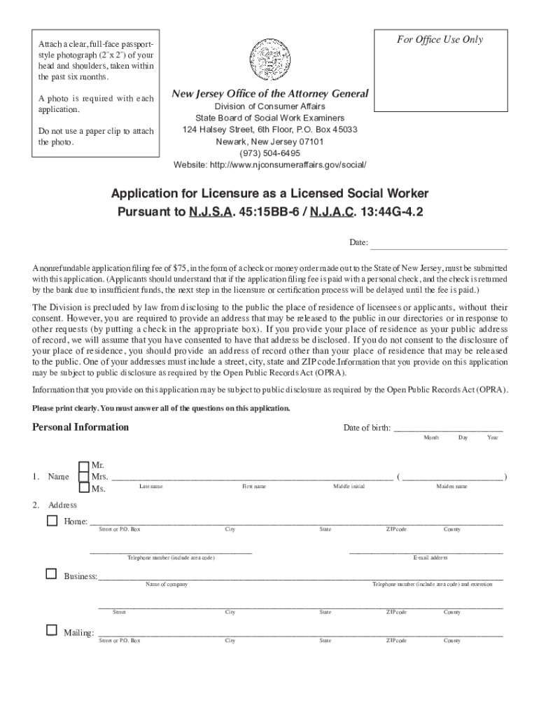  NJDCAAPP New Jersey Division of Consumer AffairsPages State Board of Social Work ExaminersApplication for Licensure as a License 2019-2024